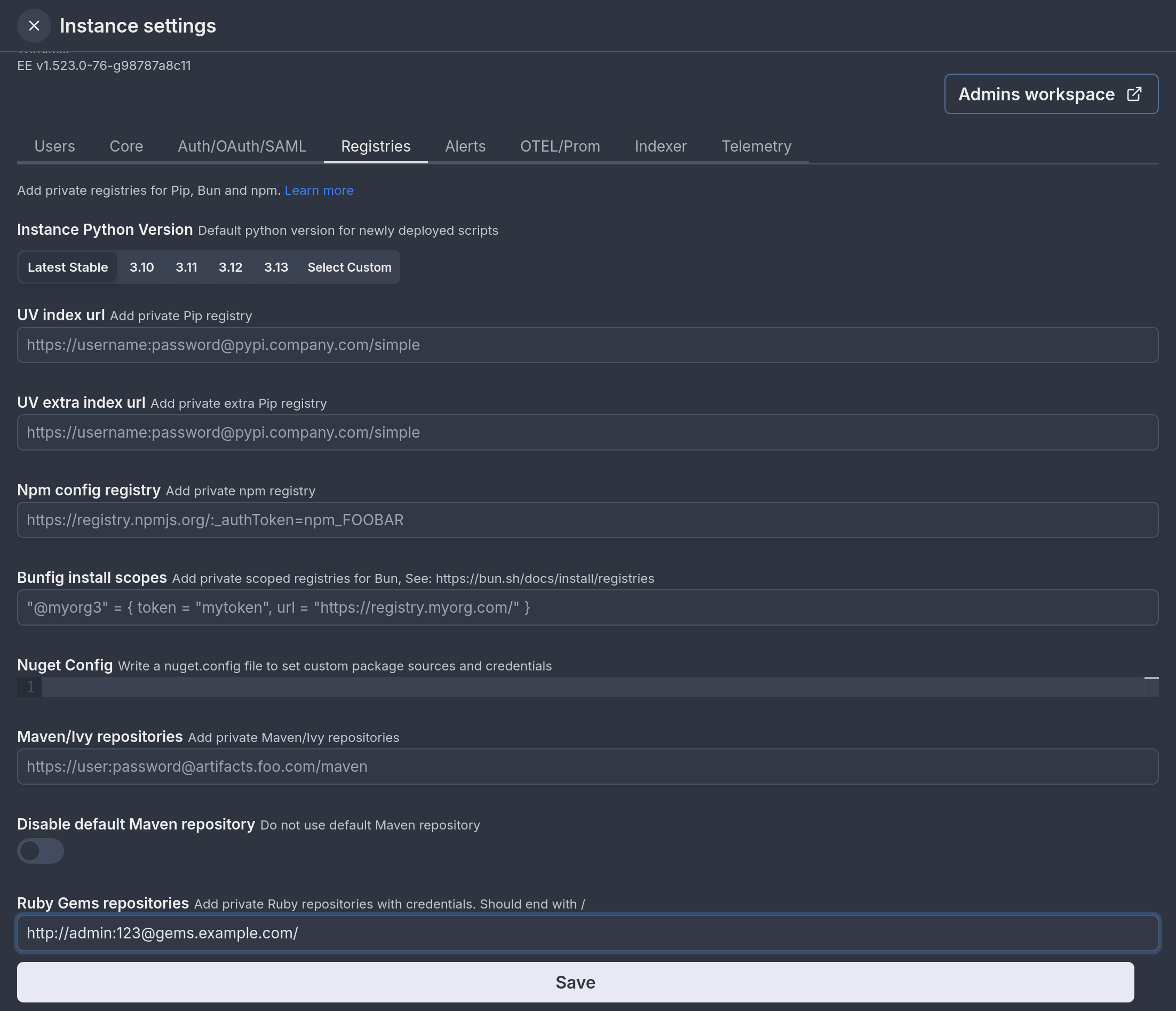 Ruby Private repos Instance Settings Ruby Private repos Instance Settings